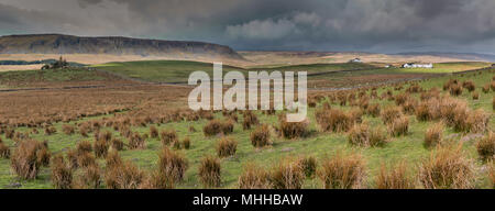 North Pennines Panoramablick auf die Landschaft, in Richtung Cronkley Narbe und Widdybank sank von Hanging Shaw, Teesdale, Großbritannien Stockfoto