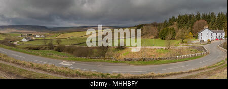 North Pennines Panoramablick auf die Landschaft, in Richtung Cronkley Narbe und Widdybank sank von Langdon Beck, Teesdale, Großbritannien Stockfoto