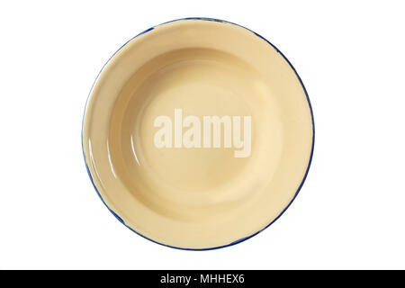 Leere Emaille Schüssel Platte mit blauen Linie auf weißem Hintergrund, Ansicht von oben Stockfoto
