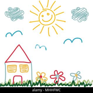 Kinder Zeichnung der sonnigen Tag Haus Stock Vektor