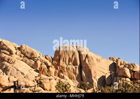 Ein Mann auf einem Felsvorsprung steht, gegen den tiefblauen Himmel, Joshua Tree National Park Stockfoto