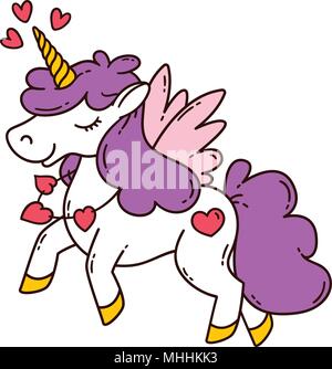 Einhorn mit Flügeln und Herz. Vector Illustration auf weißem Hintergrund. Karte und T-Shirt Design. Stock Vektor
