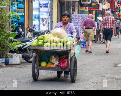 Eine vietnamesische Frau treibt ein Karren voller Pomelos entlang einer Straße im District 1, Ho Chi Minh City, Vietnam. Stockfoto