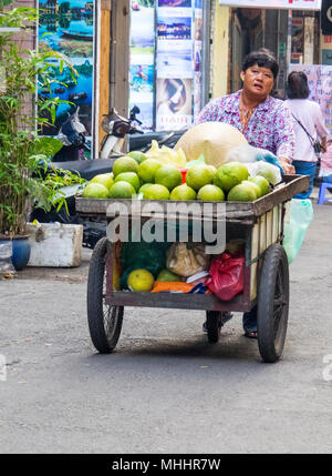 Eine vietnamesische Frau treibt ein Karren voller Pomelos entlang einer Straße im District 1, Ho Chi Minh City, Vietnam. Stockfoto