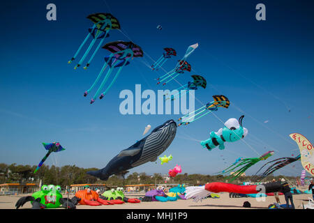 Viele bunte Drachen in verschiedenen Formen in Cervia international Kite festival" Artevento' 2018. Stockfoto