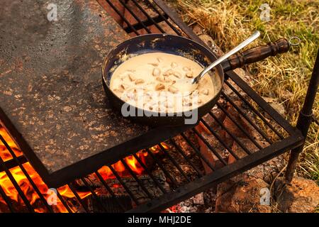 Emaillierte Pfanne auf Feuer. Vorbereitung des Pilzes Steak Sauce. Feuer im Lager Stockfoto