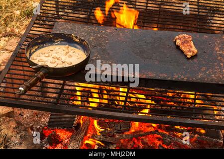 Emaillierte Pfanne auf Feuer. Vorbereitung des Pilzes Steak Sauce. Feuer im Lager Stockfoto