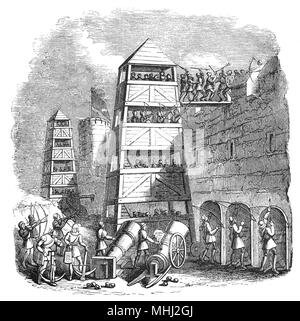 Eine Belagerung Turm aus dem 14. Jahrhundert, von dem aus die Langbögen und Armbrüste in belagerungskrieges verwendet werden könnten. Sie wurden an der Seite von Kanonen eingesetzt, die die verschiedenen Arten von katapulten ersetzt, aber immer noch eine Vielzahl von belagerungsmaschinen wie Skalierung Leitern und Rammböcke. Stockfoto