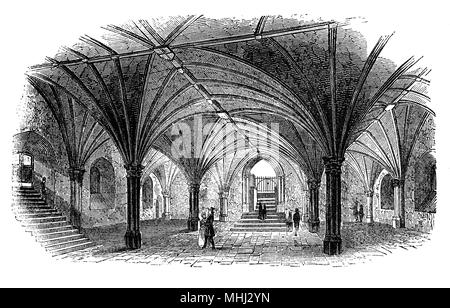 Die Krypta der Guildhall aus Gresham und Basinghall Straßen, in London. Das Gebäude als Rathaus seit mehreren hundert Jahren verwendet worden, und es ist immer noch die zeremoniellen und administrativen Zentrum der Stadt London und seine Corporation. Der erste dokumentarische Hinweis auf eine Londoner Guildhall ist datiert 1128 und des aktuellen Halle West crypt kann Teil eines Ende des 13. Jahrhunderts Gebäude, den Standort eines früheren Guildhall. Stockfoto