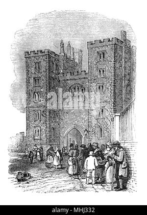 Das Tor zur Lambeth Palace am Südufer der Themse in London, England. Das Gebäude, ursprünglich als Landsitz von Lambeth oder Lambeth Haus, hat seit fast 800 Jahren - der Londoner Residenz des Erzbischofs von Canterbury, dessen ursprüngliche Residenz war in Canterbury, Kent, Lambeth Palace ist die Heimat der Gemeinschaft des hl. Anselm, einer Anglikanischen religiösen Ordnung, die unter der Schirmherrschaft des Erzbischofs von Canterbury. Lambeth Palace wurde durch das Erzbistum um 1200 AD erworben und hat die größte Sammlung von Aufzeichnungen der Kirche in ihrer Bibliothek. Stockfoto