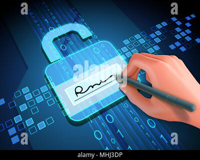 Digitale Signatur gewährt Zugriff auf digitale Daten. 3D-Darstellung. Stockfoto