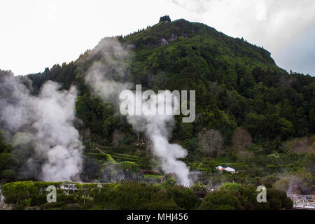 Dampf stieg von geothermischen heißen Quellen von Furnas, Azoren Stockfoto