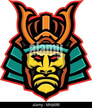 Maskottchen Symbol Abbildung: Kopf eines Samurai Krieger Tragen eines Mengu oder Mempo, Arten von Facial armor von vorne auf dem isolierten Hintergrund betrachtet in r Stock Vektor