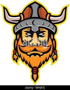 Maskottchen Symbol Abbildung: Leiter einer Viking Warrior oder nordischen Seefahrer von vorne auf dem isolierten Hintergrund betrachtet im Retro-Stil. Stock Vektor