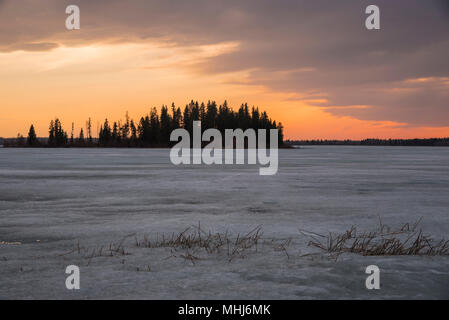 Gefrorenen See, Astotin See Sonnenuntergang, Elk Island National Park, Alberta, Kanada Stockfoto