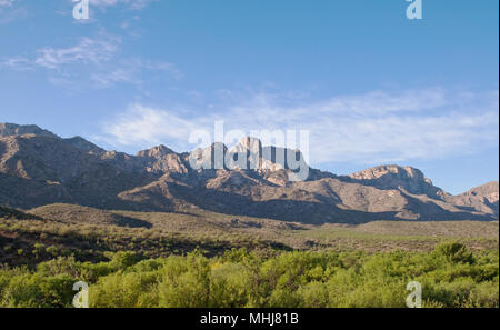 Eine entfernte Bergkette der Sonoran Wüste mit einem schönen blauen Himmel und eine grüne Tal Stockfoto