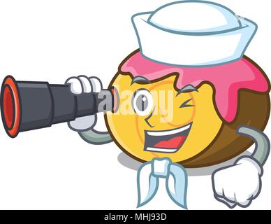 Sailor mit Fernglas swiss roll Maskottchen Karikatur Stock Vektor