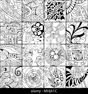 Vektor Erwachsenen Coloring Book Texturen. verschiedene Muster. 16 Stück Stock Vektor