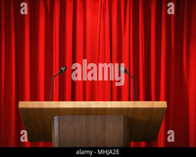 3D-Rendering hölzernen Podium mit Mikrofon auf roten Vorhang Hintergrund Stockfoto