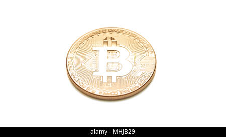 Bitcoin cryptocurrency Konzept, physische Münze mit selektiven Fokus und flache Tiefenschärfe in 16:9 Banner oder header format Stockfoto
