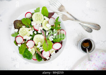 Gemischter Salat mit Baby aus der roten Salat, tatsoi, Rucola, Roter Mangold, Radieschen, Gurken und Fetakäse mit Olivenöl und Balsamico Dressing Stockfoto