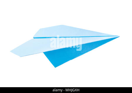 Blue Paper Plane isoliert auf weißem Stockfoto