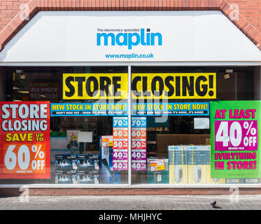 Schließung anmelden Maplin Store Fenster in Middlesbrough, England. Großbritannien Stockfoto
