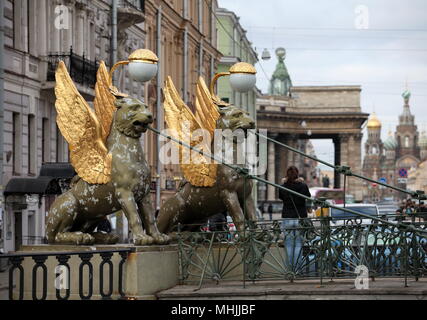 St. Petersburg, Russland, 23. Februar 2015 Bank Bridge mit geflügelten Löwen Stockfoto