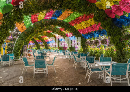 Ein Regenschirm und floralen Picknickschutz am Wunder Gärten in Dubai, Vereinigte Arabische Emirate, Naher Osten. Stockfoto