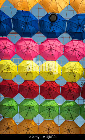 Ein Regenschirm und floralen Picknickschutz am Wunder Gärten in Dubai, Vereinigte Arabische Emirate, Naher Osten. Stockfoto