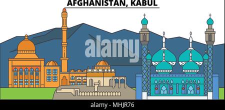 Afghanistan, Kabul. Skyline der Stadt: Architektur, Gebäude, Straßen, Silhouette, Landschaft, Panorama, Wahrzeichen. Editierbare Anschläge. Flaches Design line Vector Illustration Konzept. Isolierte Symbole Stock Vektor