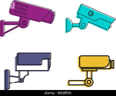 Security Camera Icon Set, Farbe Umrisse Stil Stock Vektor