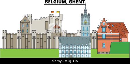 Belgien, Gent. Die Skyline der Stadt, Architektur, Gebäude, Straßen, Silhouette, Landschaft, Panorama, Wahrzeichen. Editierbare Anschläge. Flaches Design line Vector Illustration Konzept. Isolierte Symbole Stock Vektor