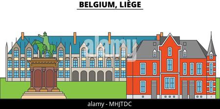 Belgien, Lüttich. Die Skyline der Stadt, Architektur, Gebäude, Straßen, Silhouette, Landschaft, Panorama, Wahrzeichen. Editierbare Anschläge. Flaches Design line Vector Illustration Konzept. Isolierte Symbole Stock Vektor