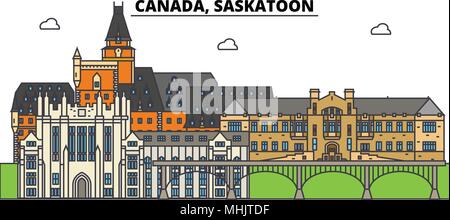 Kanada, Saskatoon. Die Skyline der Stadt, Architektur, Gebäude, Straßen, Silhouette, Landschaft, Panorama, Wahrzeichen. Editierbare Anschläge. Flaches Design line Vector Illustration Konzept. Isolierte Symbole Stock Vektor