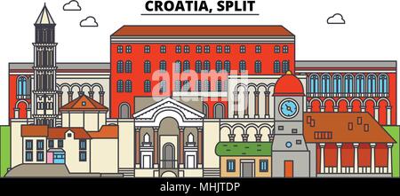 Kroatien, Split. Die Skyline der Stadt, Architektur, Gebäude, Straßen, Silhouette, Landschaft, Panorama, Wahrzeichen. Editierbare Anschläge. Flaches Design line Vector Illustration Konzept. Isolierte Symbole Stock Vektor