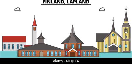 Finnland, Lappland. Die Skyline der Stadt, Architektur, Gebäude, Straßen, Silhouette, Landschaft, Panorama, Wahrzeichen. Editierbare Anschläge. Flaches Design line Vector Illustration Konzept. Isolierte Symbole Stock Vektor