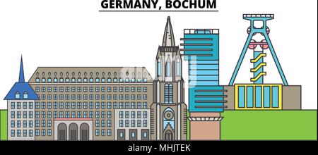 Deutschland, Bochum. Die Skyline der Stadt, Architektur, Gebäude, Straßen, Silhouette, Landschaft, Panorama, Wahrzeichen. Editierbare Anschläge. Flaches Design line Vector Illustration Konzept. Isolierte Symbole Stock Vektor