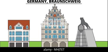 Deutschland, Braunschweig. Die Skyline der Stadt, Architektur, Gebäude, Straßen, Silhouette, Landschaft, Panorama, Wahrzeichen. Editierbare Anschläge. Flaches Design line Vector Illustration Konzept. Isolierte Symbole Stock Vektor