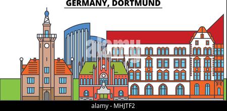 Deutschland, Dortmund. Die Skyline der Stadt, Architektur, Gebäude, Straßen, Silhouette, Landschaft, Panorama, Wahrzeichen. Editierbare Anschläge. Flaches Design line Vector Illustration Konzept. Isolierte Symbole Stock Vektor