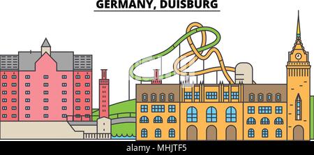 Deutschland, Duisburg. Die Skyline der Stadt, Architektur, Gebäude, Straßen, Silhouette, Landschaft, Panorama, Wahrzeichen. Editierbare Anschläge. Flaches Design line Vector Illustration Konzept. Isolierte Symbole Stock Vektor