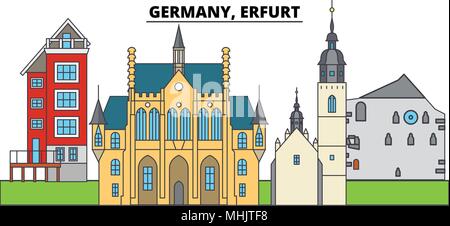 Deutschland, Erfurt. Die Skyline der Stadt, Architektur, Gebäude, Straßen, Silhouette, Landschaft, Panorama, Wahrzeichen. Editierbare Anschläge. Flaches Design line Vector Illustration Konzept. Isolierte Symbole Stock Vektor