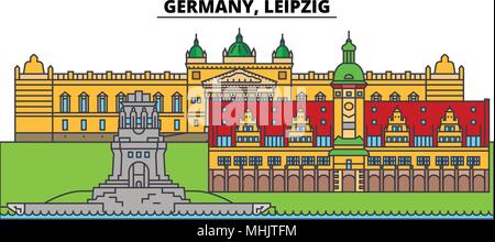 Deutschland, Leipzig. Die Skyline der Stadt, Architektur, Gebäude, Straßen, Silhouette, Landschaft, Panorama, Wahrzeichen. Editierbare Anschläge. Flaches Design line Vector Illustration Konzept. Isolierte Symbole Stock Vektor