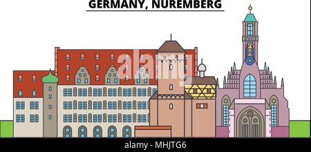 Deutschland, Nürnberg. Die Skyline der Stadt, Architektur, Gebäude, Straßen, Silhouette, Landschaft, Panorama, Wahrzeichen. Editierbare Anschläge. Flaches Design line Vector Illustration Konzept. Isolierte Symbole Stock Vektor