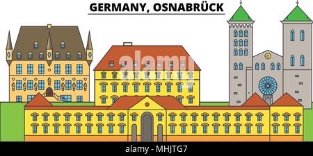 Deutschland, Osnabrück. Die Skyline der Stadt, Architektur, Gebäude, Straßen, Silhouette, Landschaft, Panorama, Wahrzeichen. Editierbare Anschläge. Flaches Design line Vector Illustration Konzept. Isolierte Symbole Stock Vektor