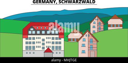 Deutschland, Schwarzwald. Die Skyline der Stadt, Architektur, Gebäude, Straßen, Silhouette, Landschaft, Panorama, Wahrzeichen. Editierbare Anschläge. Flaches Design line Vector Illustration Konzept. Isolierte Symbole Stock Vektor