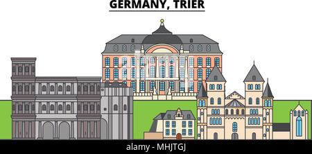 Deutschland, Trier. Die Skyline der Stadt, Architektur, Gebäude, Straßen, Silhouette, Landschaft, Panorama, Wahrzeichen. Editierbare Anschläge. Flaches Design line Vector Illustration Konzept. Isolierte Symbole Stock Vektor