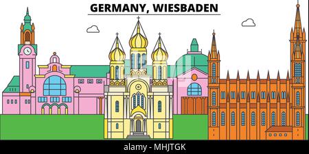 Deutschland, Wiesbaden. Die Skyline der Stadt, Architektur, Gebäude, Straßen, Silhouette, Landschaft, Panorama, Wahrzeichen. Editierbare Anschläge. Flaches Design line Vector Illustration Konzept. Isolierte Symbole Stock Vektor