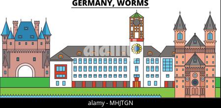 Deutschland, Worms. Die Skyline der Stadt, Architektur, Gebäude, Straßen, Silhouette, Landschaft, Panorama, Wahrzeichen. Editierbare Anschläge. Flaches Design line Vector Illustration Konzept. Isolierte Symbole Stock Vektor