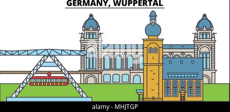 Deutschland, Wuppertal. Die Skyline der Stadt, Architektur, Gebäude, Straßen, Silhouette, Landschaft, Panorama, Wahrzeichen. Editierbare Anschläge. Flaches Design line Vector Illustration Konzept. Isolierte Symbole Stock Vektor